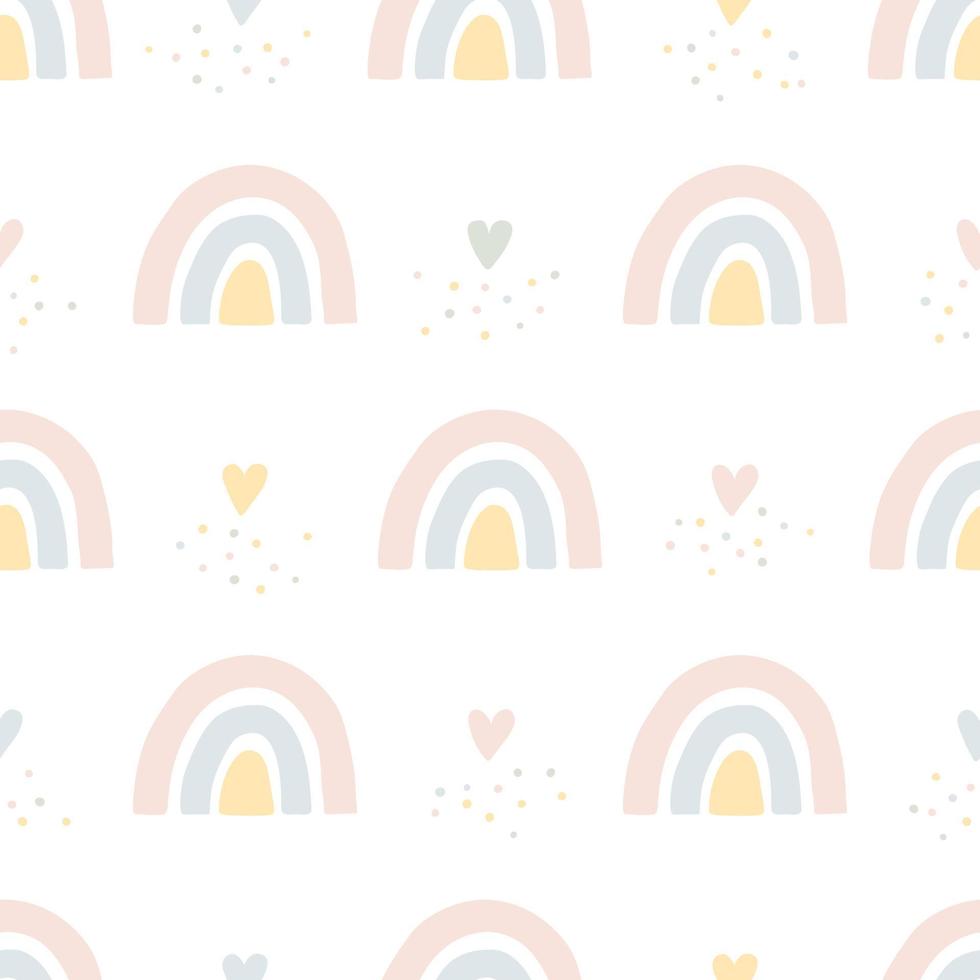 modèle sans couture avec des arcs-en-ciel organiques, des coeurs et des points. design simple aux couleurs pastel pour tissu bébé, papier peint, textile vecteur