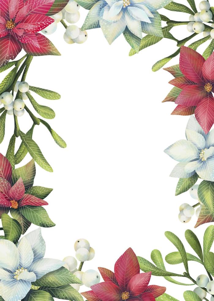 cadre de plantes de noël aquarelle. cadre botanique de gui et de poinsettia dessiné à la main isolé sur fond blanc. vecteur