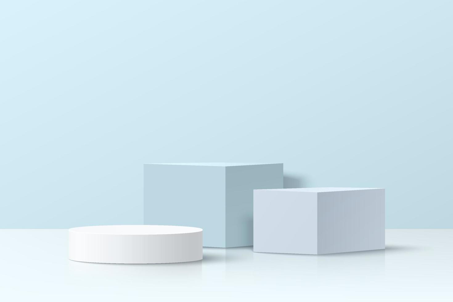 podium de piédestal de cube et de cylindre 3d blanc et bleu réaliste situé dans une pièce abstraite avec ombre de fenêtre. scène minimale pour la vitrine des produits, l'affichage de la promotion. conception de groupe de formes géométriques vectorielles vecteur