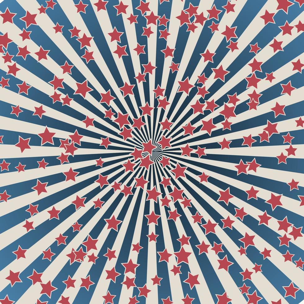 fête de l'indépendance des états-unis 4 juillet ou bannière du jour du souvenir. illustration vectorielle patriotique rétro. rayures concentriques et confettis d'étoiles aux couleurs du drapeau américain. vecteur