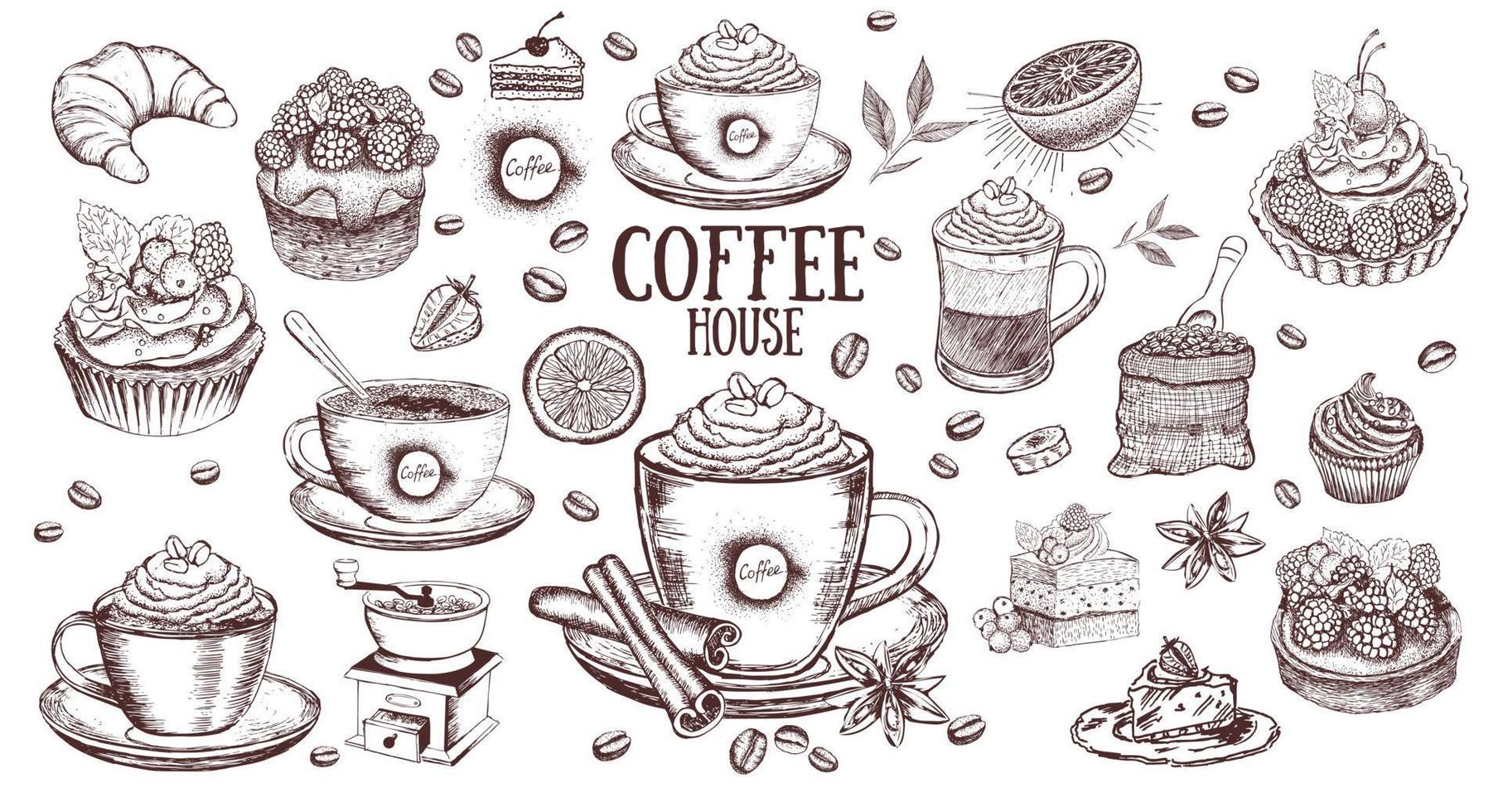 tasse de café et grains de café. fond de vecteur dessiné à la main dans un style vintage.