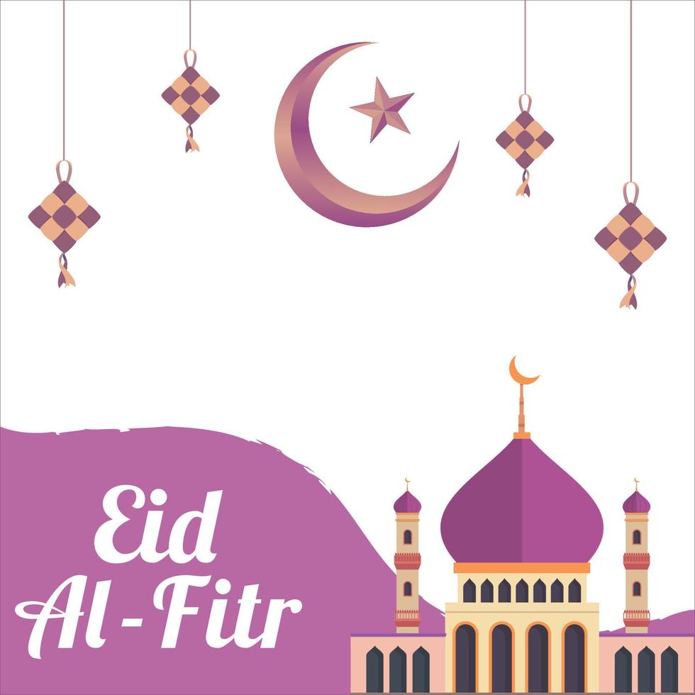 eid al-fitr mubarak avec effet de texte blanc, fête sacrée des musulmans, mosquée musulmane, ombre multicolore, violet, illustration vectorielle de la mosquée, cerfs-volants suspendus, lune et étoile. vecteur