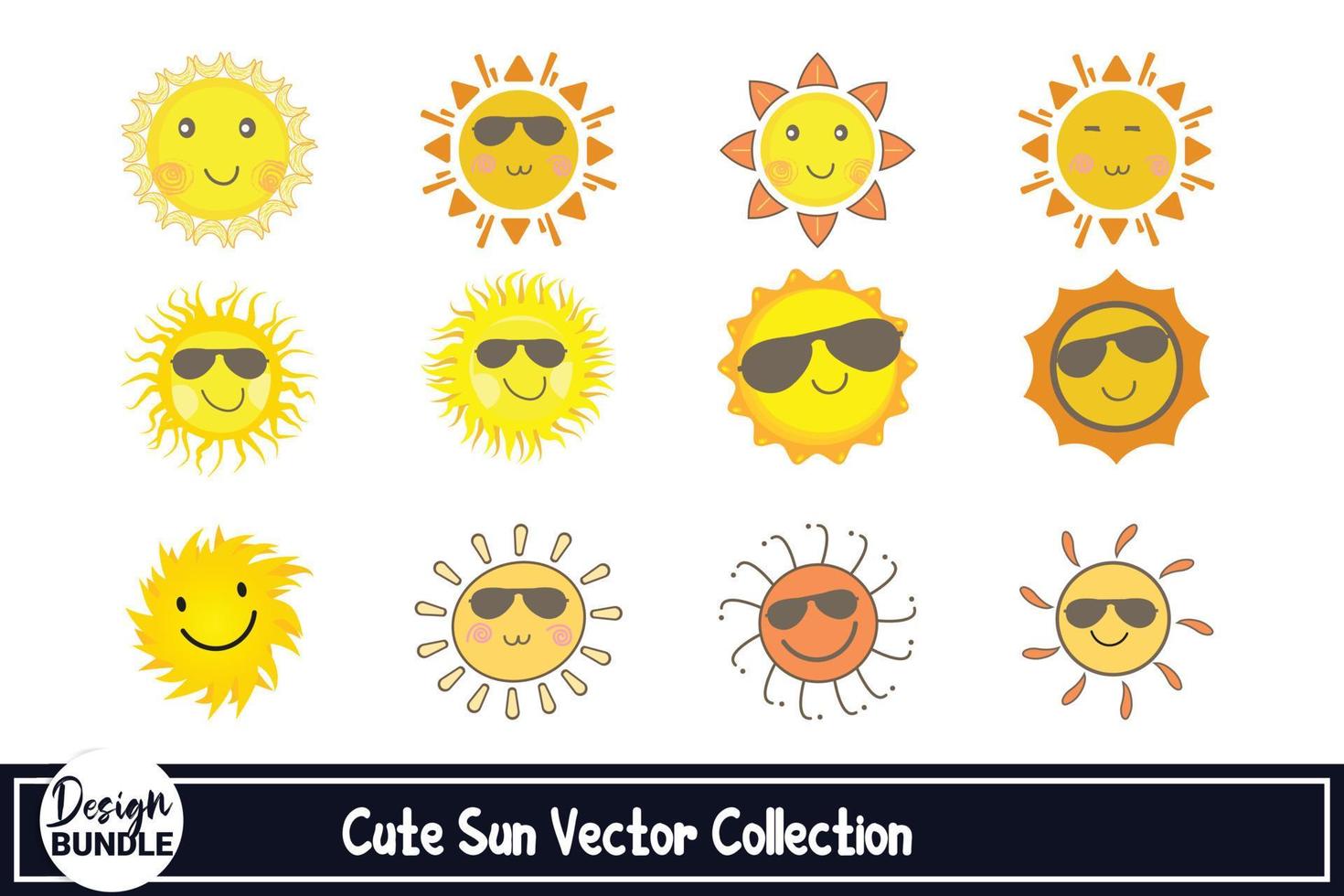 conception de vecteur de soleil mignon pour autocollant de médias sociaux. conception de soleil avec une nuance de couleur jaune et orange et des lunettes de soleil cool. jolie collection de vecteurs de soleil avec des visages de soleil heureux.