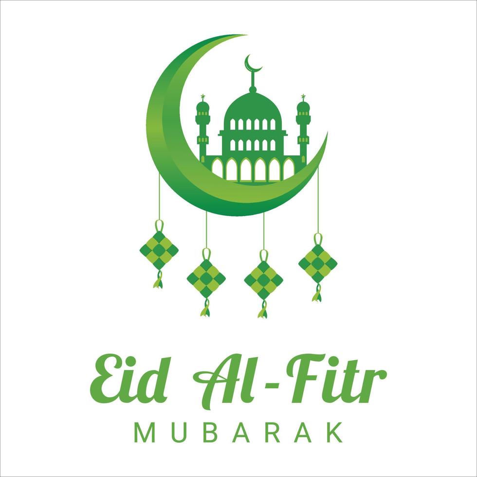 bel effet de texte vert eid al-fitr moubarak sur fond blanc, festival musulman eid al-fitr bel effet de texte, eid al-fitr, vert, éléments, mosquée verte musulmane, lune, cerfs-volants. vecteur