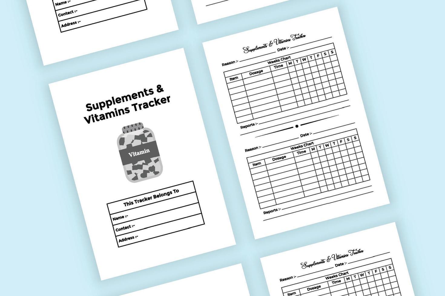 supplément et intérieur du carnet de suivi des vitamines. modèle hebdomadaire de suivi des informations sur les vitamines et les médicaments nutritionnels. intérieur d'un journal. informations sur les suppléments et intérieur de suivi des vitamines. vecteur