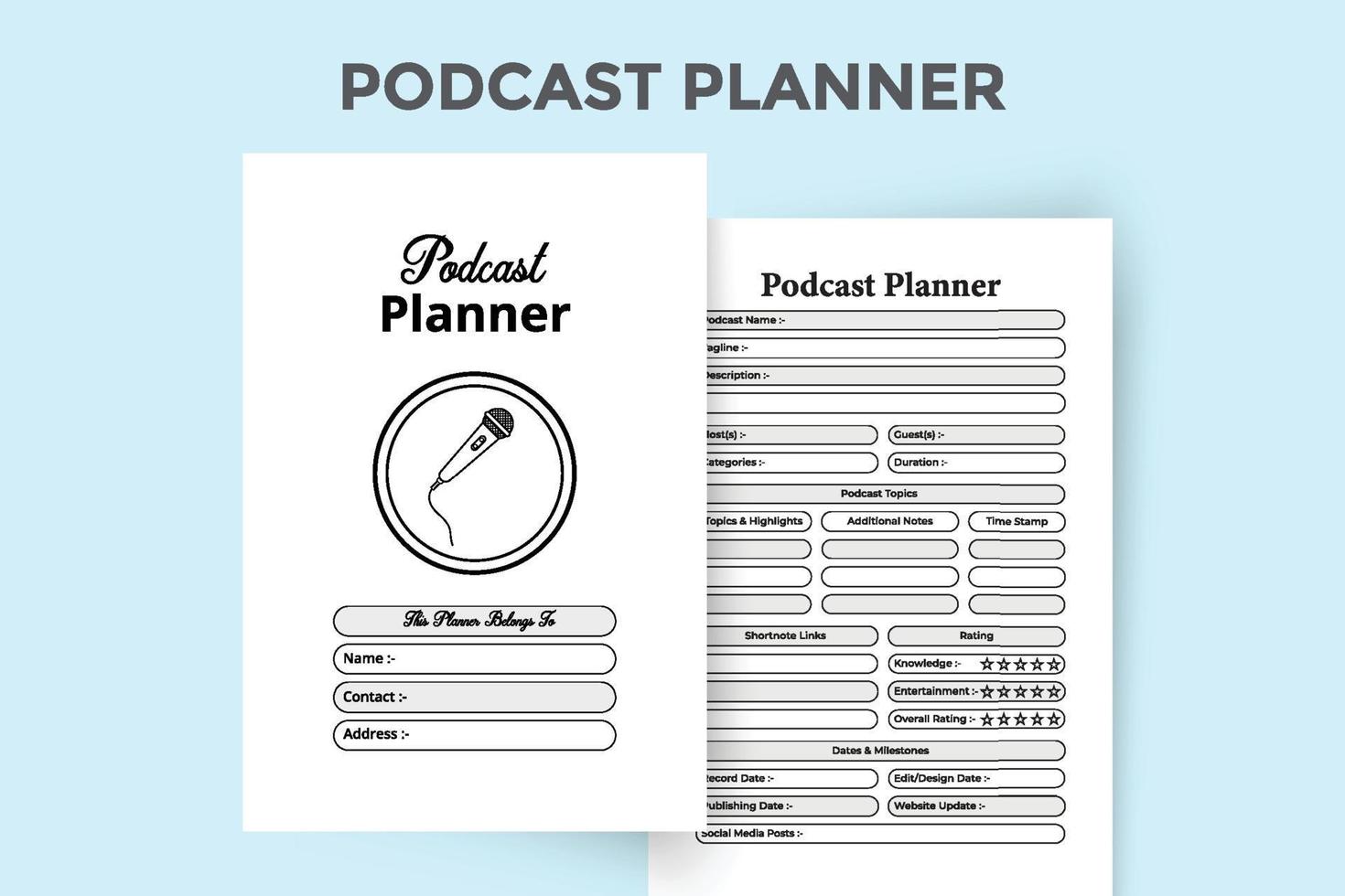 podcast intérieur du vérificateur d'informations quotidiennes. suivi des informations sur les chaînes de podcast et modèle de journal de bord de planification. intérieur d'un journal. intérieur du bloc-notes de suivi d'activité régulière de la station de radio. vecteur