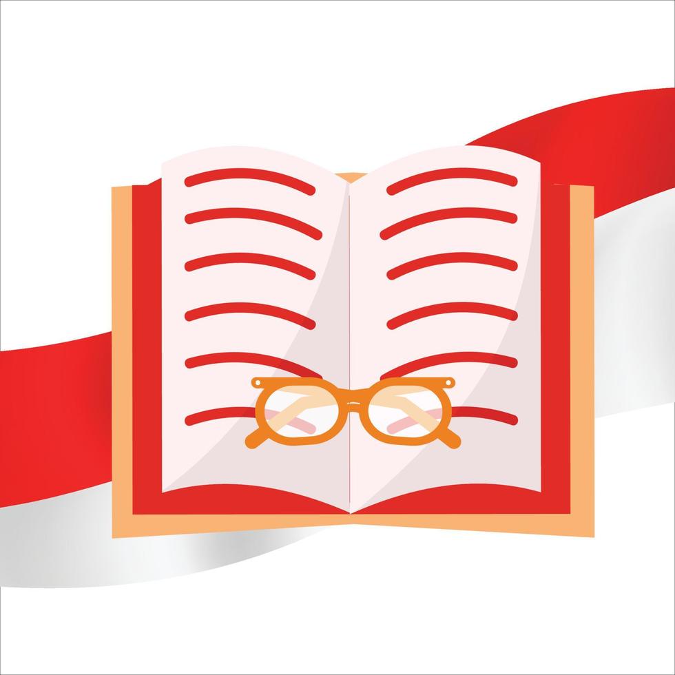 journée de l'éducation indonésienne, drapeau indonésien, livre rouge sur fond blanc, verre orange sur le livre rouge, livre multicolore avec un verre. vecteur