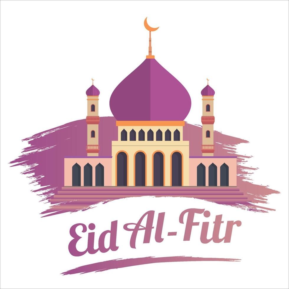élégant eid al-fitr mubarak avec effet de texte doré, fête sacrée des musulmans, mosquée musulmane à l'intérieur du coup de pinceau, ombre multicolore, violet, illustration vectorielle de la mosquée, coup de pinceau. vecteur
