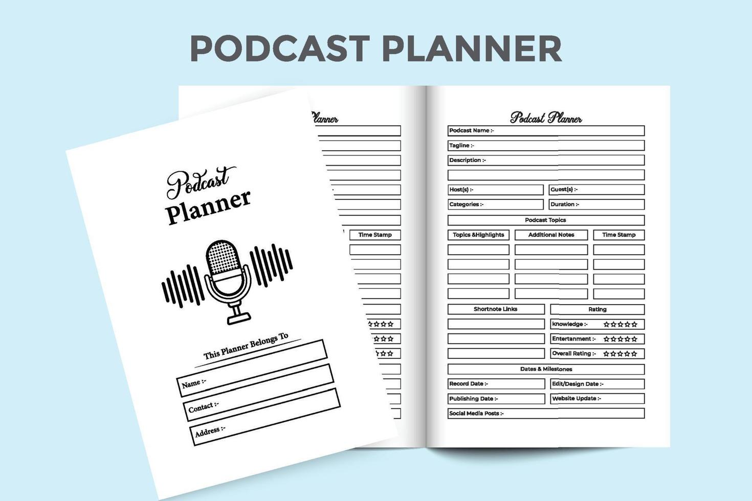 intérieur du planificateur de sujet de podcast. activité quotidienne de la station de radio et enregistrer l'intérieur du bloc-notes de suivi des informations. intérieur d'un journal. planificateur de podcast et modèle de suivi des informations sur les invités. vecteur