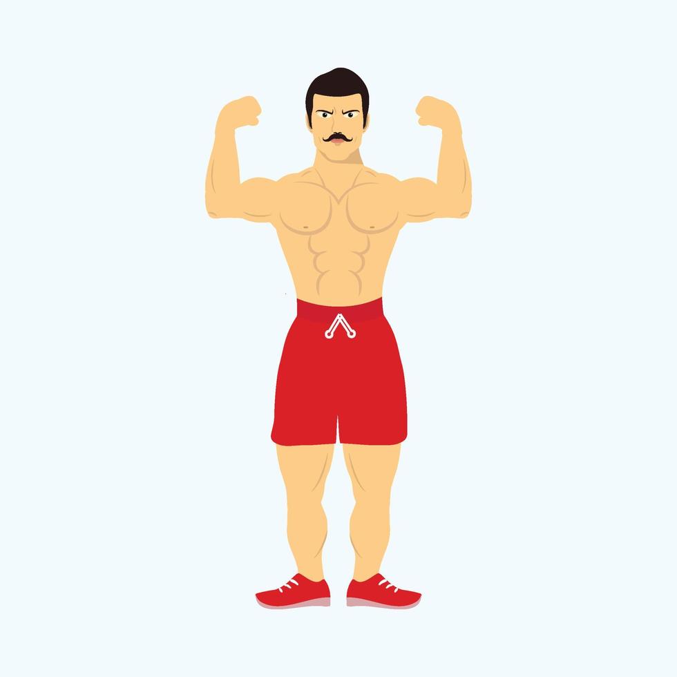 homme bodybuilder montrant sa conception de personnage plat de corps. un bodybuilder fort et en colère montre son vecteur biceps. homme musclé avec un vecteur de pantalon moustache et boxer rouge. homme musclé en short.