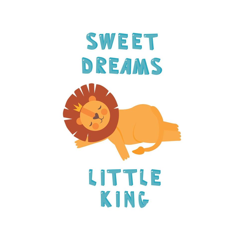 adorable petit personnage de lion endormi. illustration plate dessinée à la main dans un style scandi et des couleurs pastel. fais de beaux rêves petit roi. vecteur