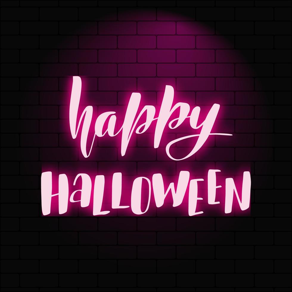 Joyeux Halloween. lettrage lumineux au néon sur un fond de mur de briques. illustration vectorielle de calligraphie. typographie pour bannières, badges, cartes postales, t-shirts, impressions, affiches. vecteur