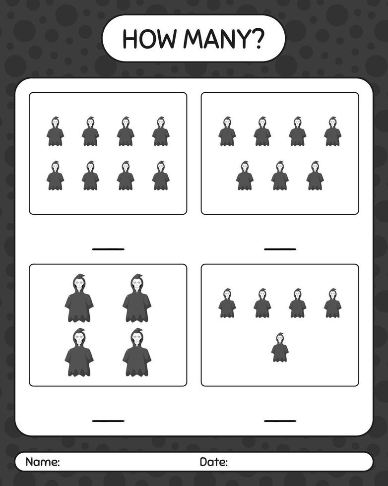 combien de jeu de comptage avec la grande faucheuse. feuille de travail pour les enfants d'âge préscolaire, feuille d'activité pour enfants vecteur