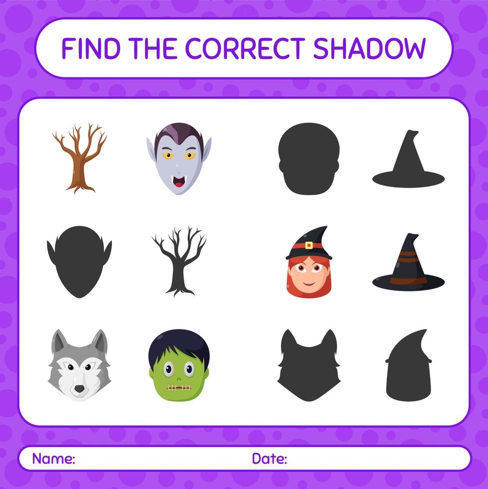 trouvez le bon jeu d'ombres avec l'icône d'halloween. feuille de travail pour les enfants d'âge préscolaire, feuille d'activité pour enfants vecteur