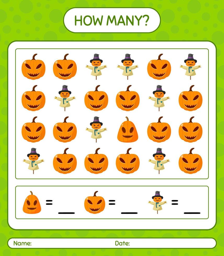combien de jeu de comptage avec l'icône d'halloween. feuille de travail pour les enfants d'âge préscolaire, feuille d'activité pour enfants vecteur