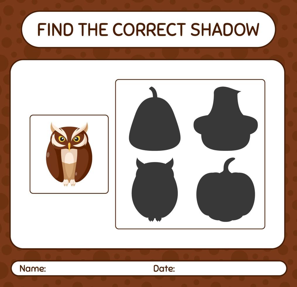 trouver le bon jeu d'ombres avec hibou. feuille de travail pour les enfants d'âge préscolaire, feuille d'activité pour enfants vecteur