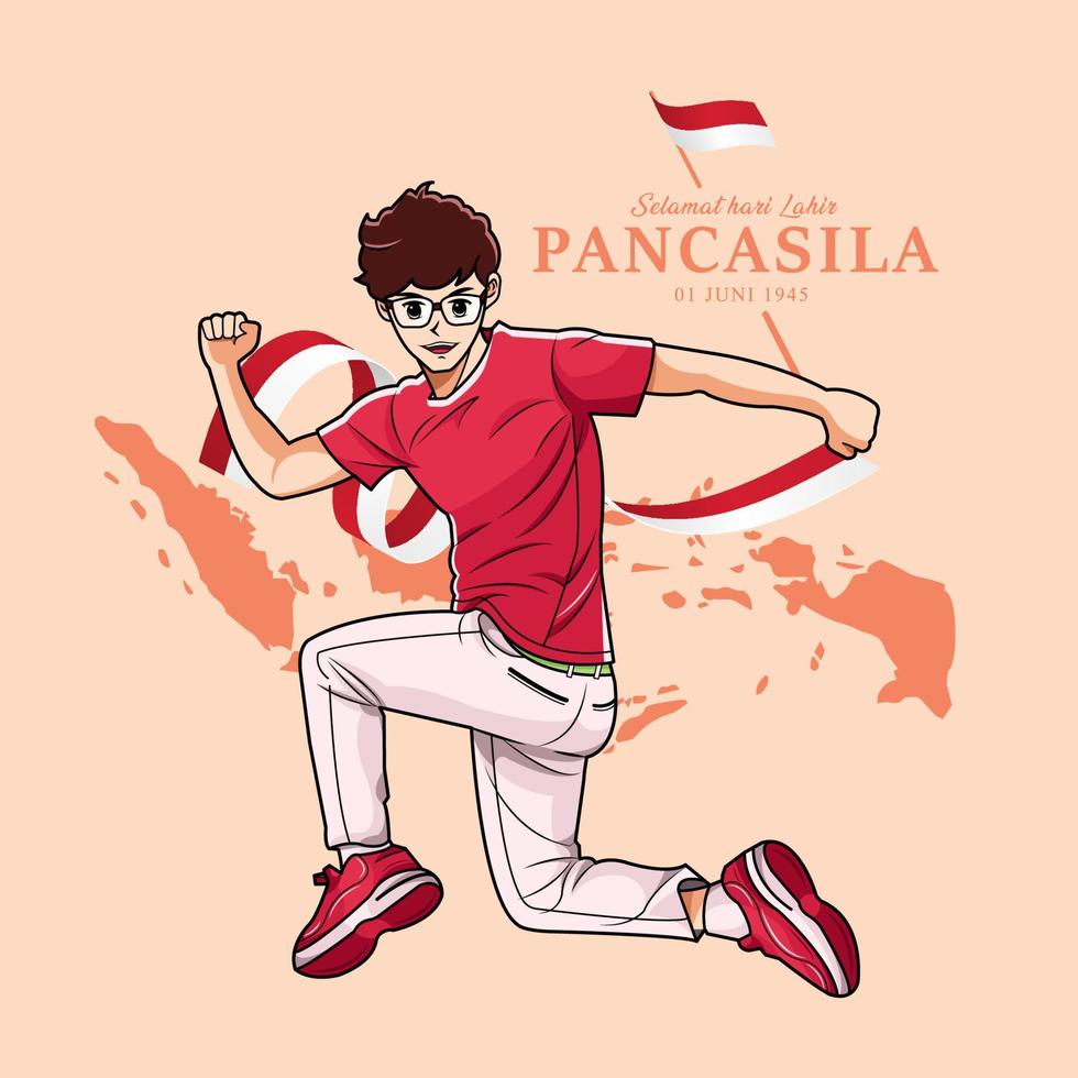 jour pancasila. jeune garçon saute joyeusement illustration vectorielle téléchargement gratuit vecteur