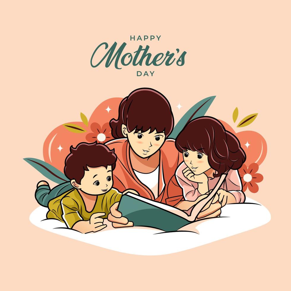 Bonne fête des mères. une mère qui lit un livre à ses enfants illustration vectorielle téléchargement gratuit vecteur