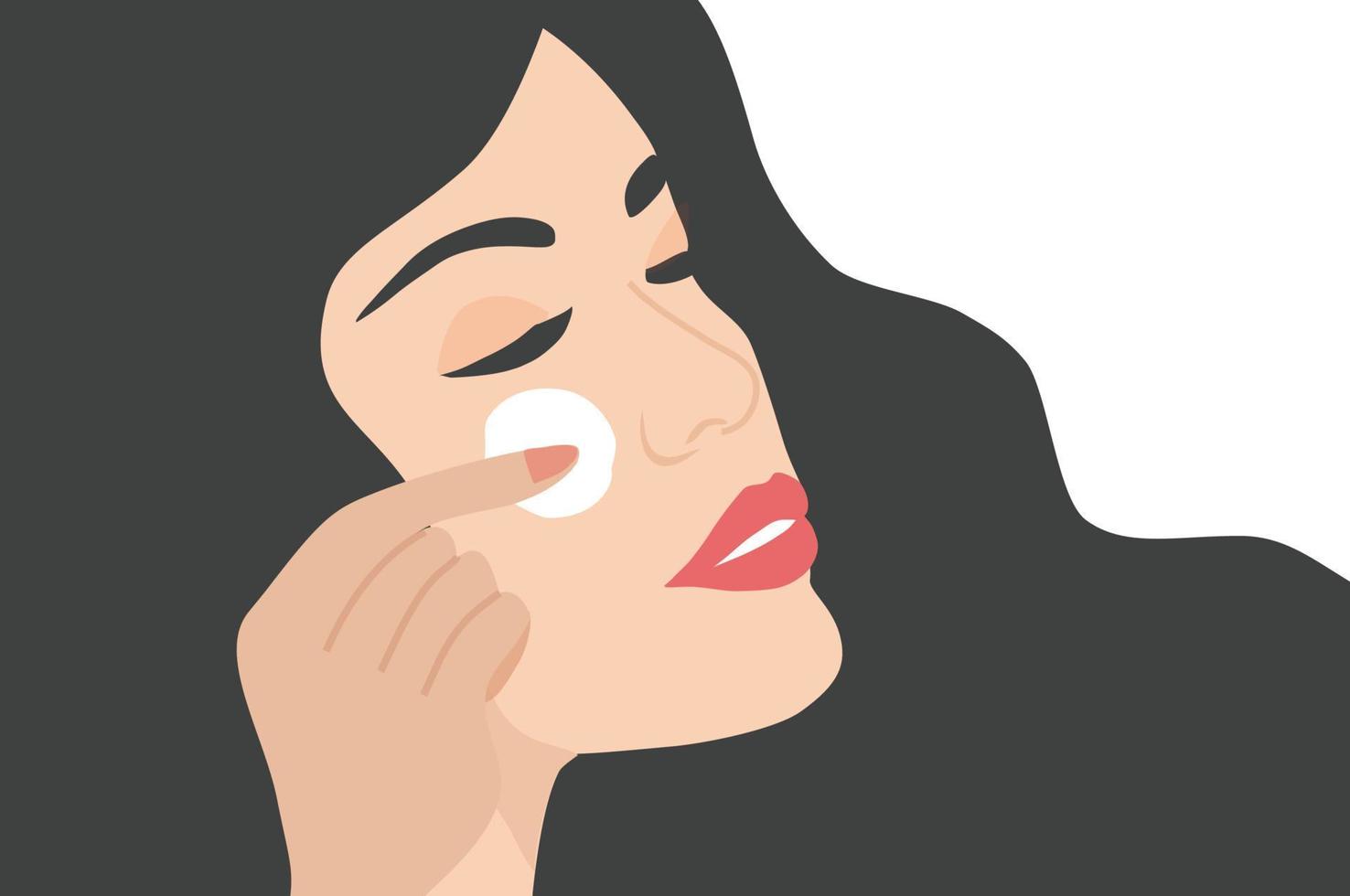 beau visage de femme appliquant une crème hydratante sur son illustration vectorielle de visage. beauté, soins de la peau, cosmétiques, concept de spa vecteur