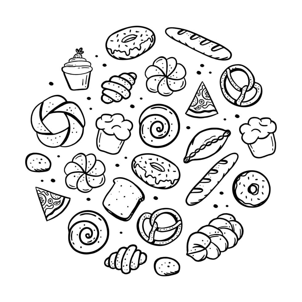 un ensemble d'éléments de boulangerie dessinés à la main bretzel croissant pain beignet baguette vecteur dans le style d'un croquis de doodle. pour les menus des cafés et boulangeries