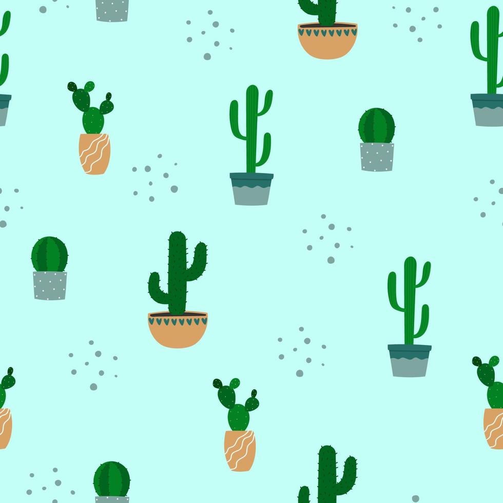 modèle sans couture de cactus en pot de fleurs. plantes d'intérieur colorées de dessin animé sur fond bleu vecteur