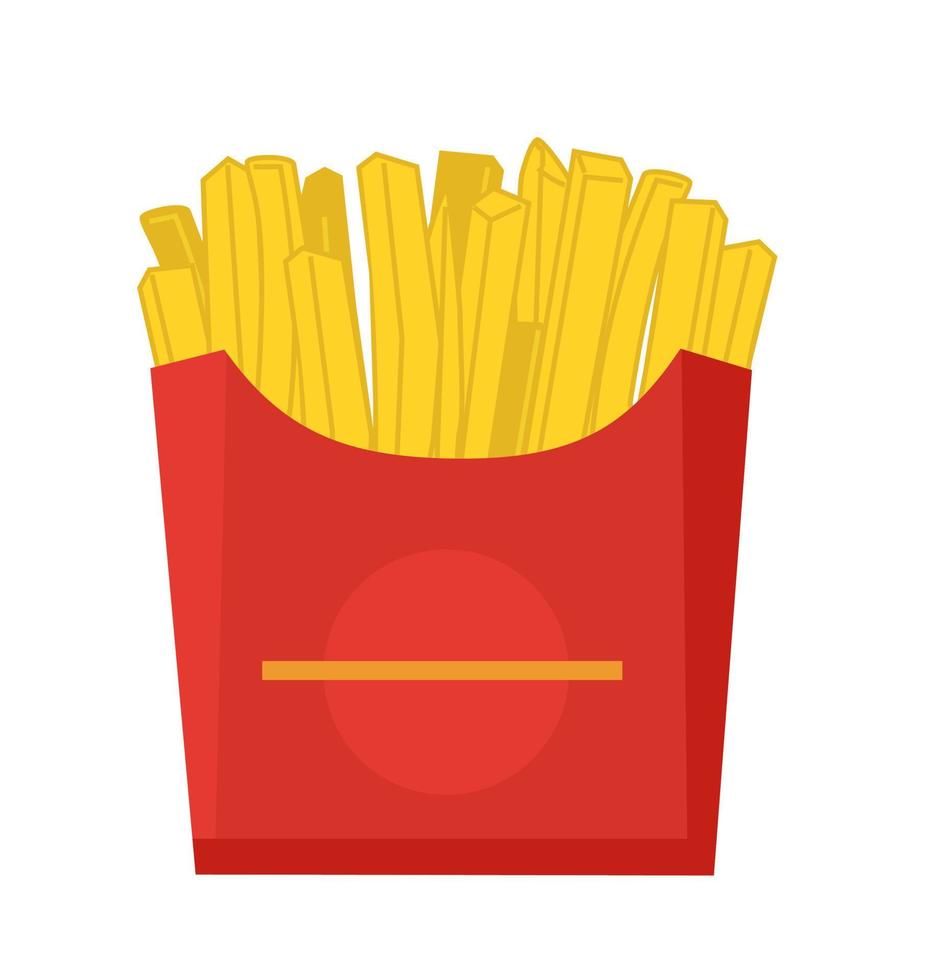 grandes frites fast-food. frites de pommes de terre restauration rapide dans une boîte en carton rouge. isolé sur la conception de vecteur plat fond blanc.