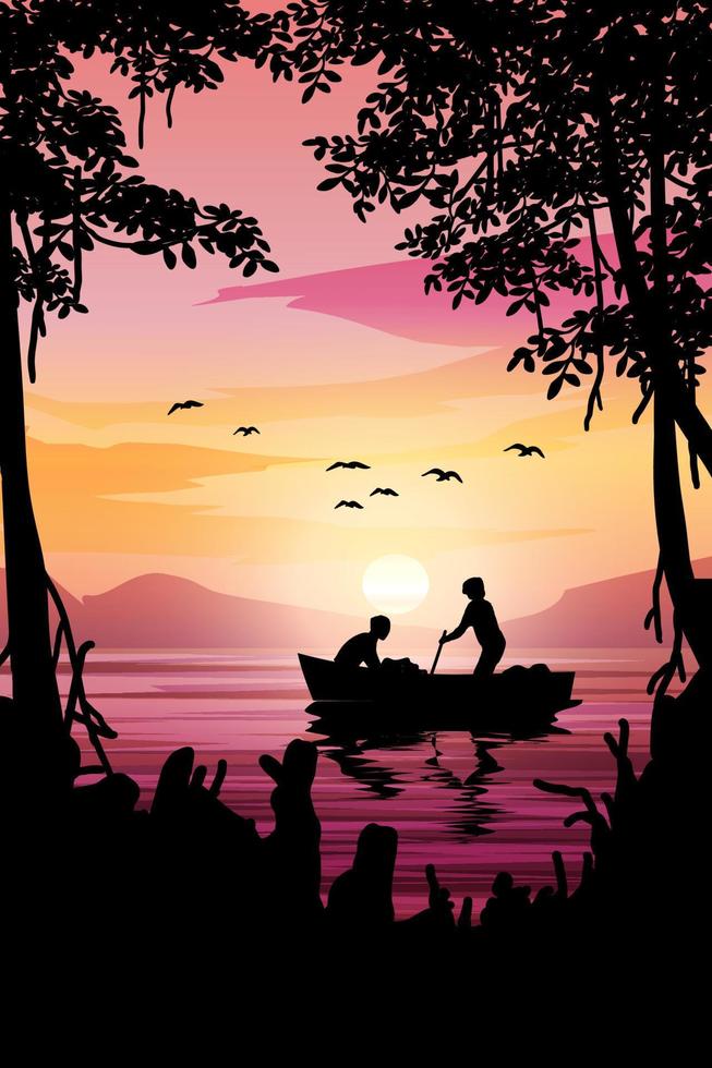 coucher de soleil dans un beau lac avec pêcheur vecteur