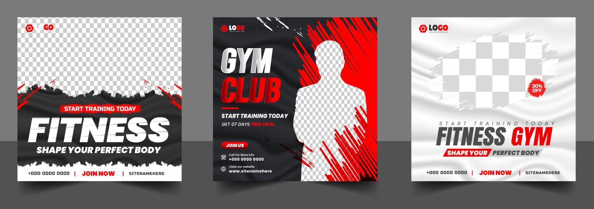 modèle de bannière de publication sur les médias sociaux de gym fitness avec couleur noir et rouge, bannière de publication sur les médias sociaux de gym, d'entraînement, de fitness et de sport, conception de bannière de publication sur les médias sociaux de gym fitness. vecteur