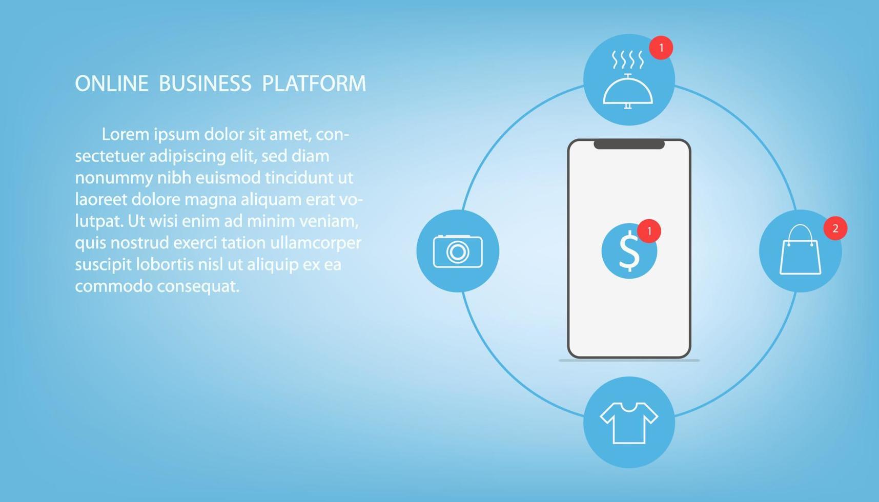 plate-forme commerciale en ligne infographique sur le concept de smartphone avec fond bleu. vecteur