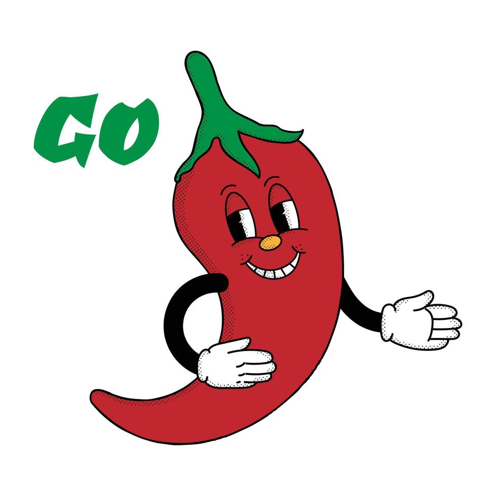 illustration de piment rouge en personnage de dessin animé rétro avec panneaux de signalisation, feu vert. aller signer vecteur