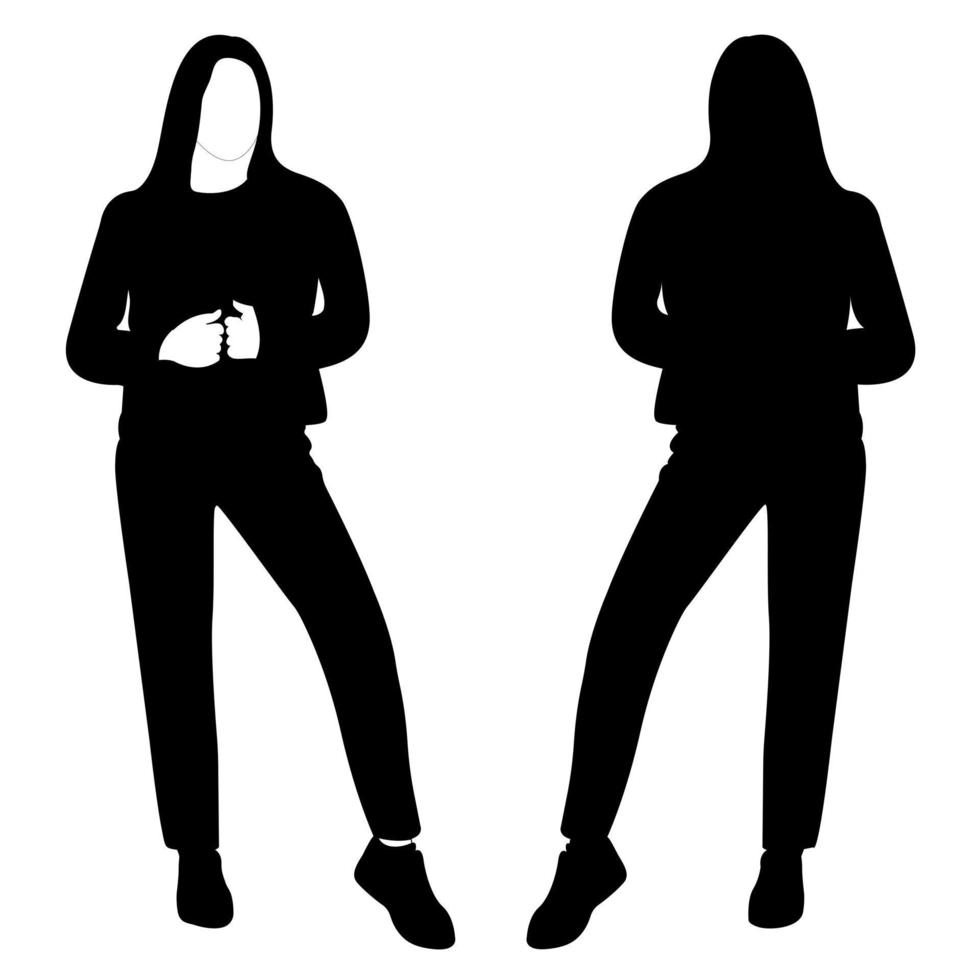 le contour d'une silhouette noire et blanche d'une fille élégante et mince dans un costume à la mode debout. modèle adulte. vecteur