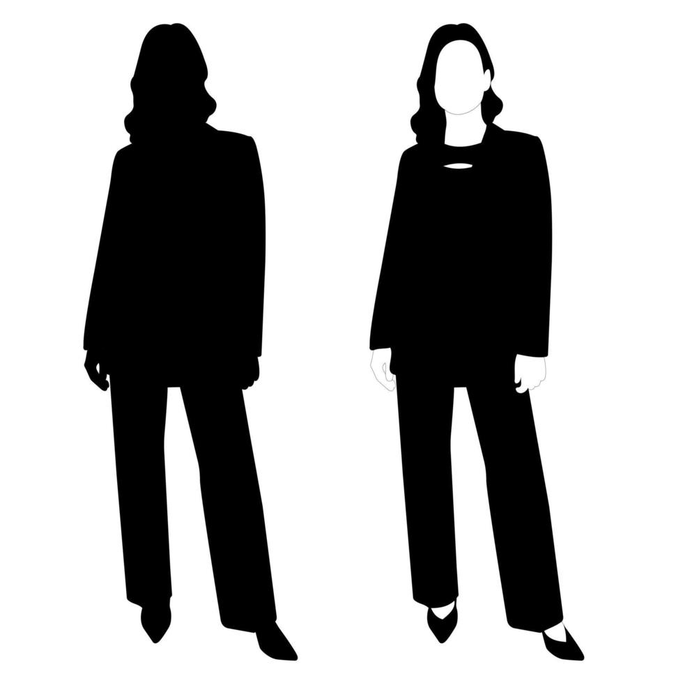 le contour d'une silhouette noire et blanche d'une fille élégante et mince dans un costume à la mode debout. modèle adulte. vecteur