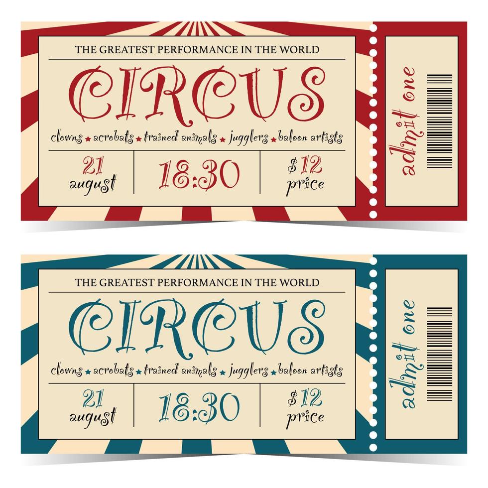 conception de modèle de billet d'entrée de cirque dans un style rétro vintage avec chapiteau sur fond et partie détachable ou détachable et code-barres. illustration vectorielle du talon ou du coupon d'entrée du spectacle de cirque. vecteur