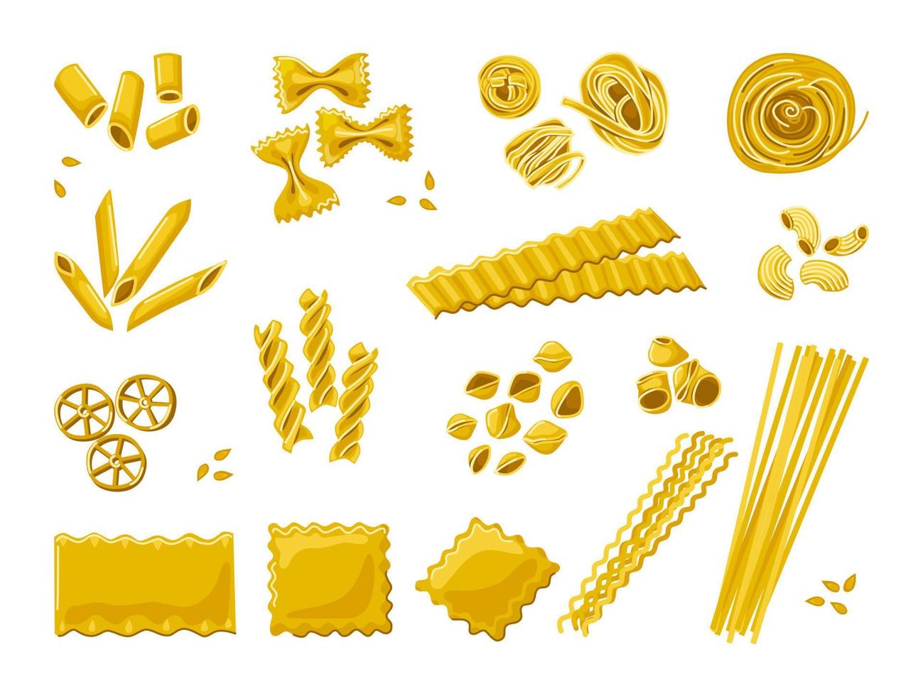 différents types de pâtes. nouilles italiennes et macaroni.décor du menu du restaurant de cuisine italienne. jeu de dessin animé de vecteur