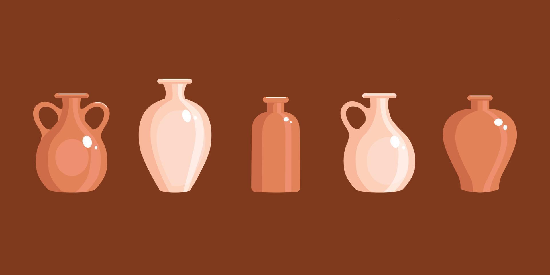 vases en argile fixés dans un style plat. pichet ancien. illustration vectorielle. vecteur