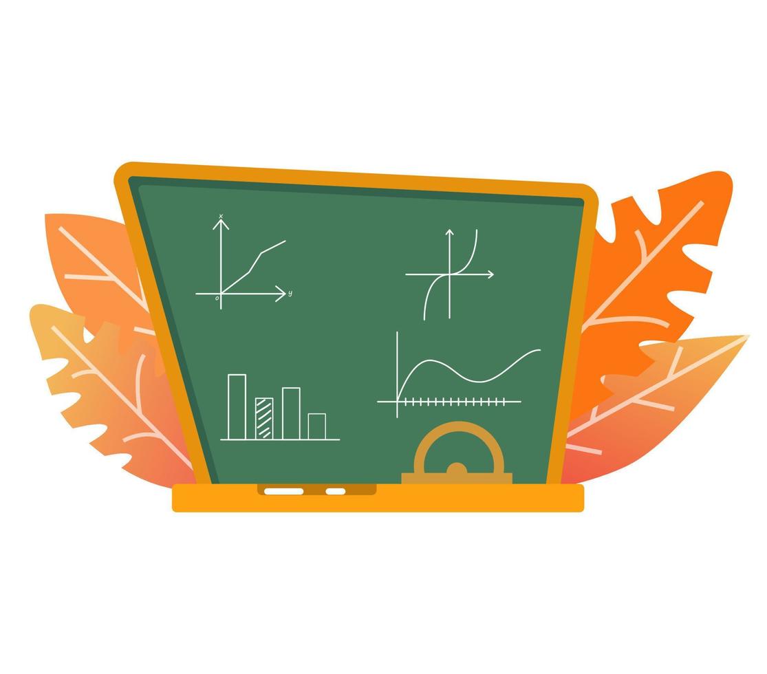 tableau d'école avec des formules scientifiques mathématiques. éducation conceptuelle à l'université, collège. vecteur d'illustration plate. horaires géométriques.