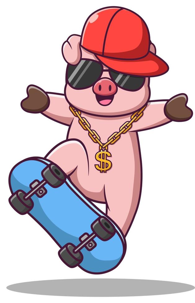 personnage de dessin animé de mascotte de cochon mignon avec planche à roulettes, dessin animé de cochon rappeur, illustration de dessin animé vectoriel