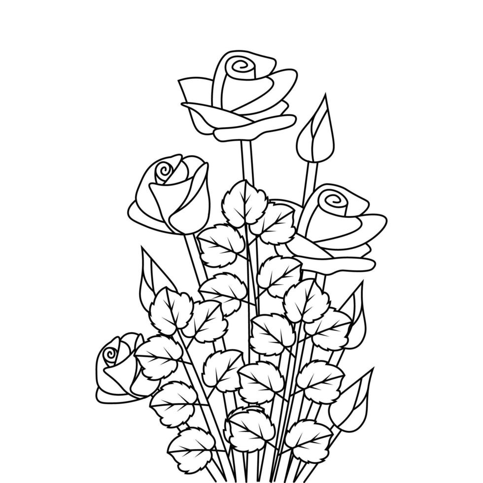 fleur rose élégant vecteur ligne art coloriage page avec des feuilles