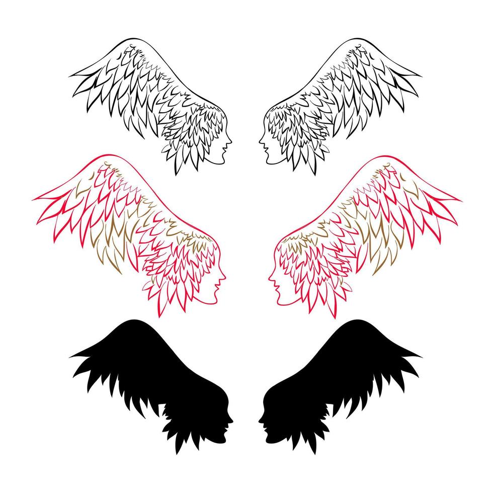 deux têtes féminines avec des ailes. décoration de t-shirt, tatouage, art linéaire vecteur