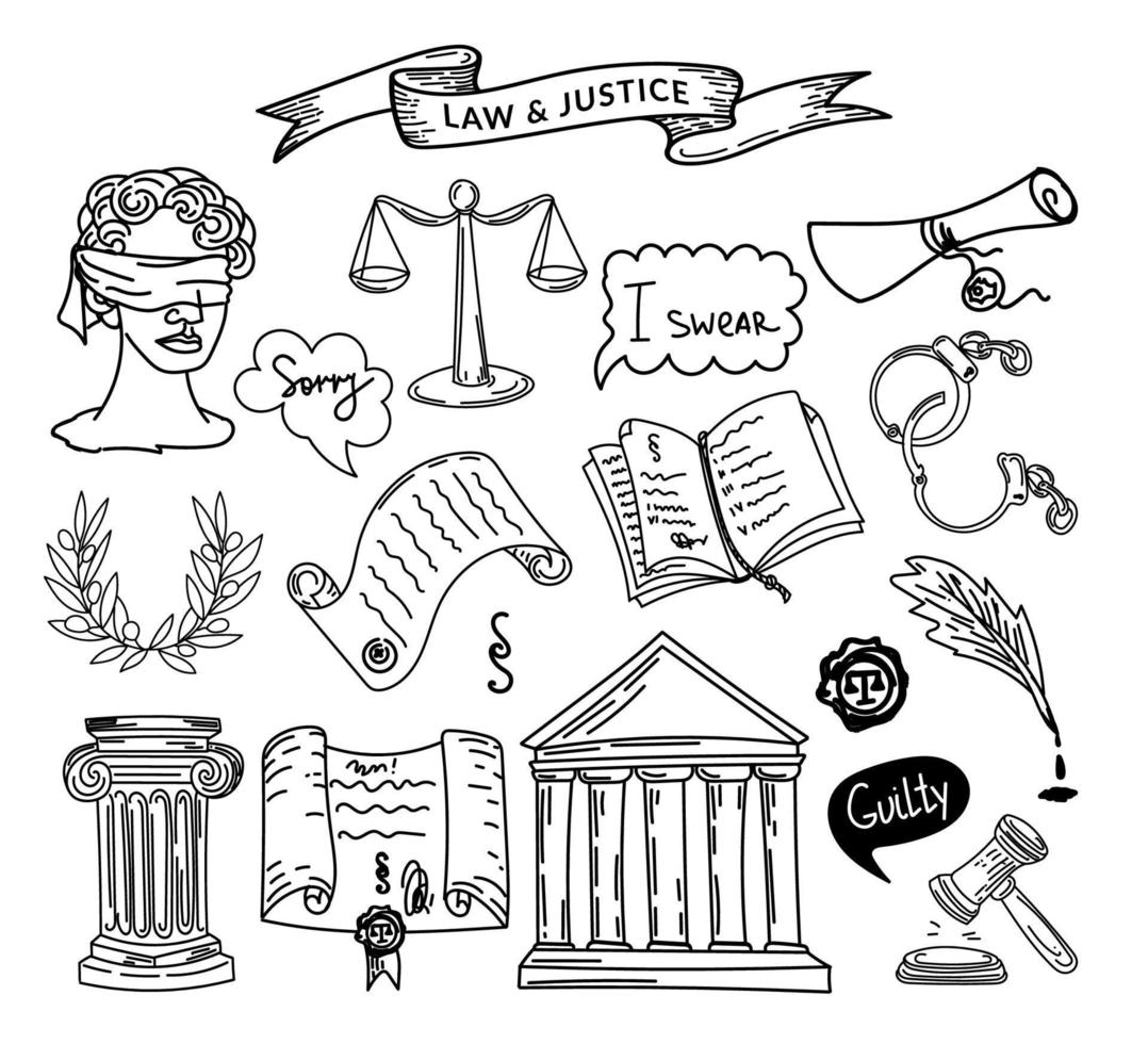 un ensemble de symboles de droit et de justice, un doodle de style croquis dessiné à la main. Justice. Grèce. themis a les yeux bandés. couronne de laurier. balance de la justice. une collection d'éléments de dessin animé adaptés à l'infographie vecteur