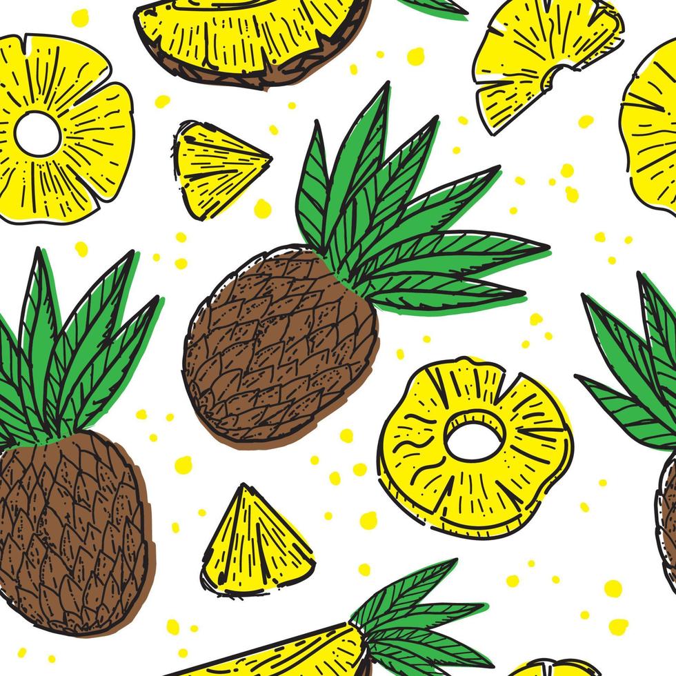 motif d'ananas sans soudure, éléments de doodle dessinés dans le style de croquis. ananas entier, parties, feuilles, tranches, noyau, gouttes de jus. illustration vectorielle, isolée sur fond blanc. vecteur