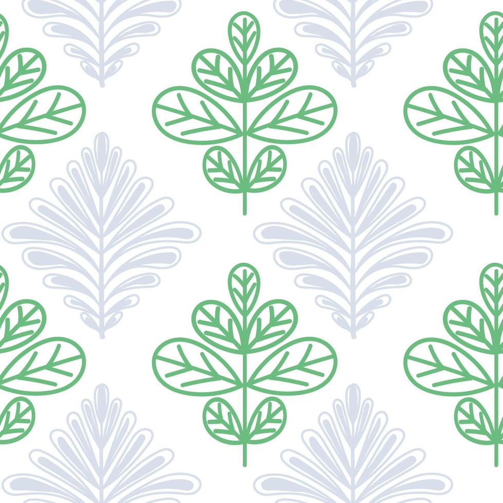 un motif harmonieux d'éléments végétaux, un doodle dessiné à la main. palette monochrome. feuilles fantaisie de diverses plantes. géométrie. Damas. illustration vectorielle. vecteur