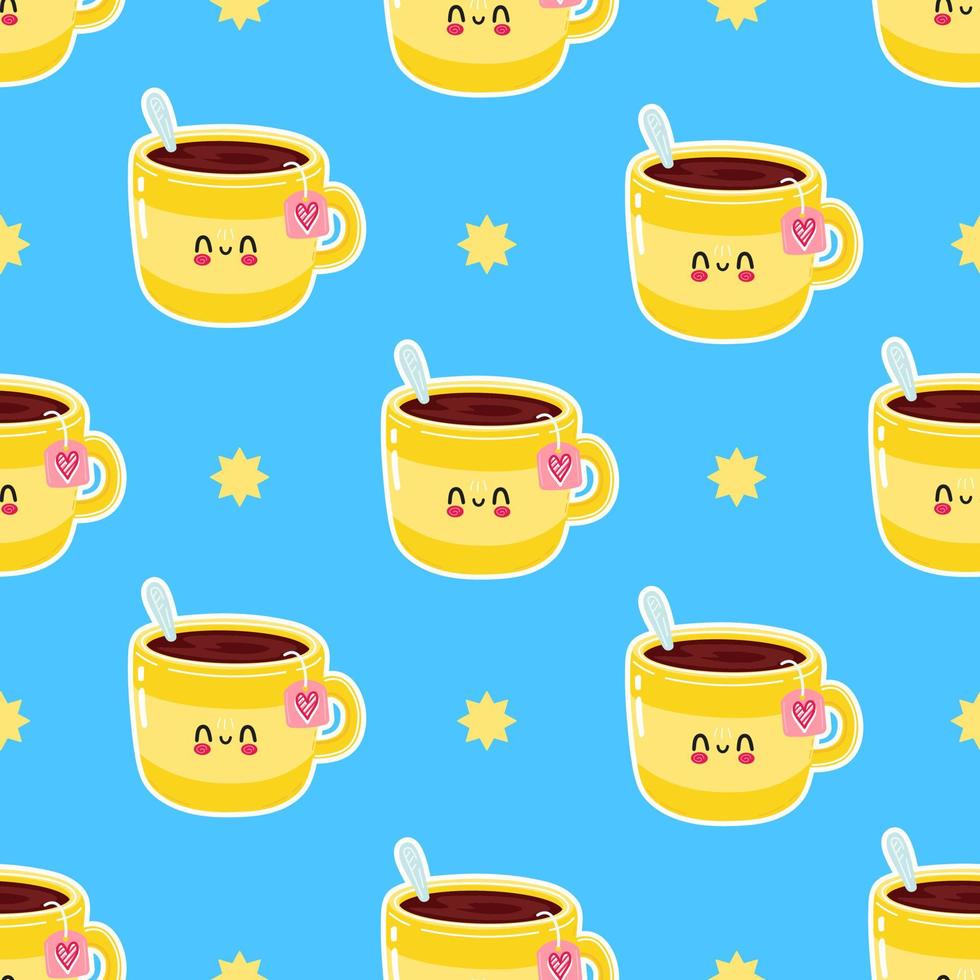 jolie tasse de thé jaune drôle de personnage bleu motif. icône d'illustration de personnage de dessin animé kawaii dessiné à la main de vecteur. isolé sur fond blanc. concept de personnage de tasse de thé jaune vecteur