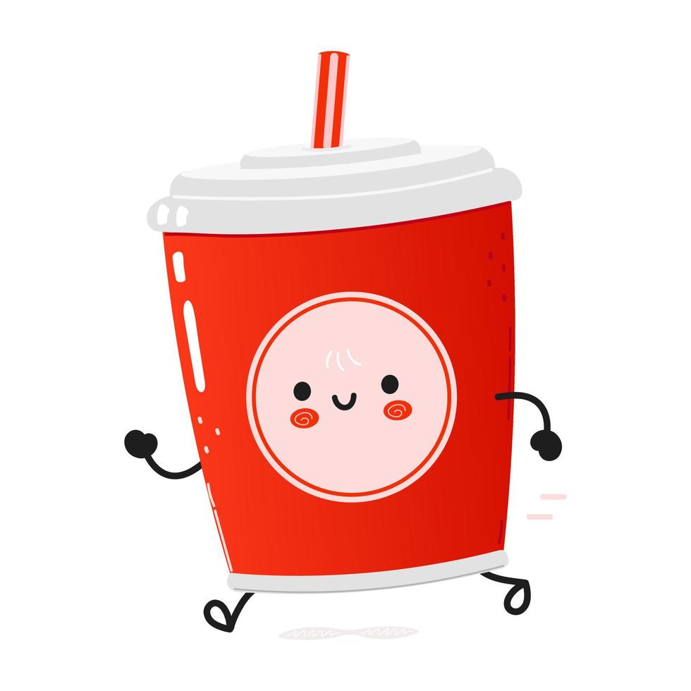 mignon drôle en cours d'exécution rouge tasse en plastique boisson froide cola et paille. icône d'illustration de personnage de dessin animé kawaii dessiné à la main de vecteur. fond isolé. exécuter une tasse en plastique rouge boisson froide cola et concept de paille vecteur