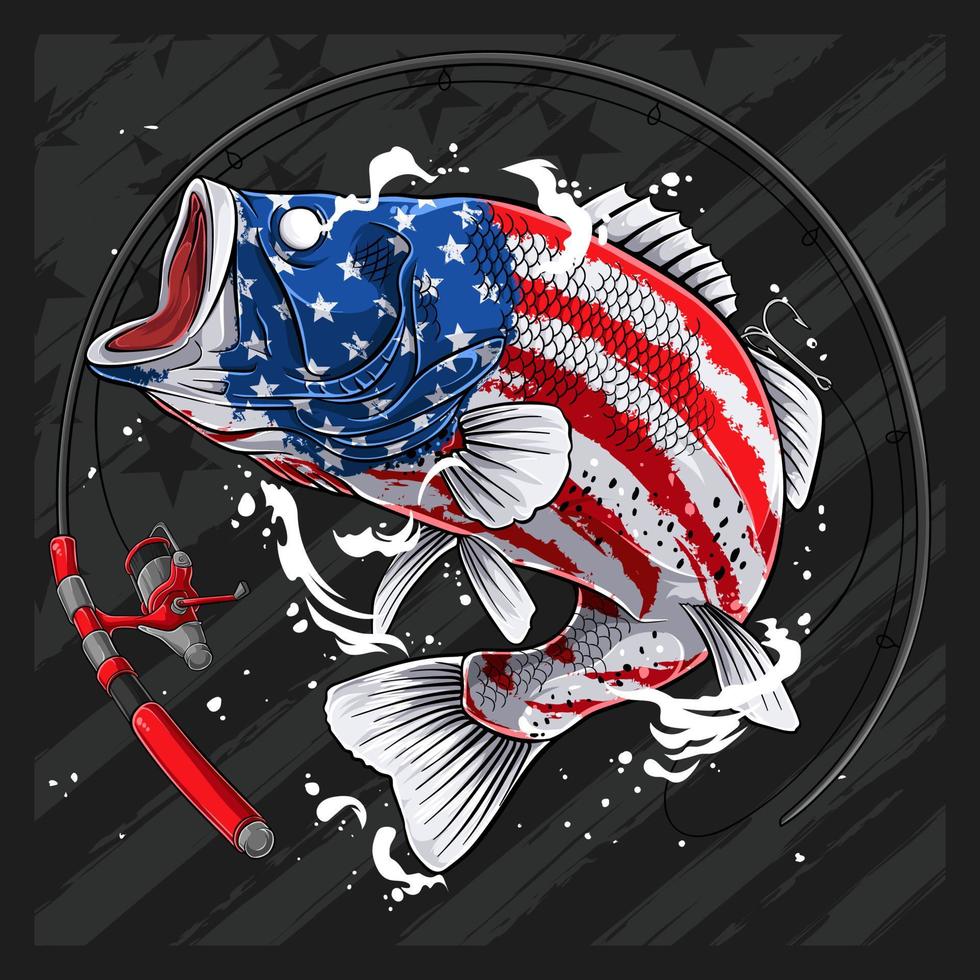 poisson achigan à grande bouche aux états-unis modèle de drapeau pour le 4 juillet le jour de l'indépendance américaine et la journée des anciens combattants vecteur