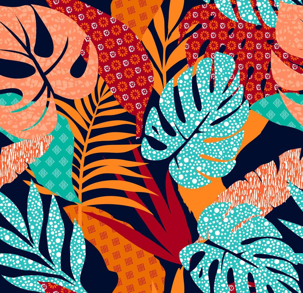 motif de feuilles tropicales aux motifs géométriques, motif de feuilles parfait pour la décoration et les textiles vecteur