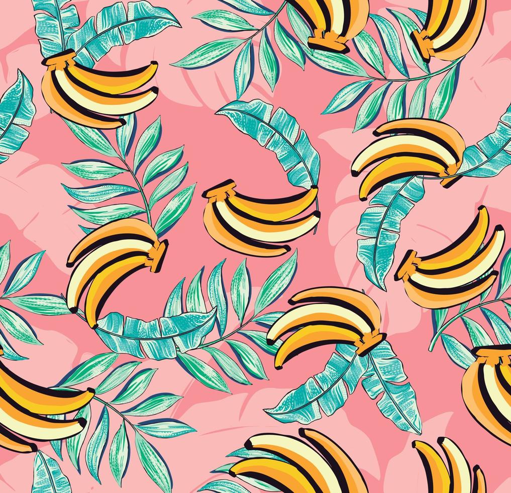 motif tropical avec des bananes et des feuilles tropicales vecteur