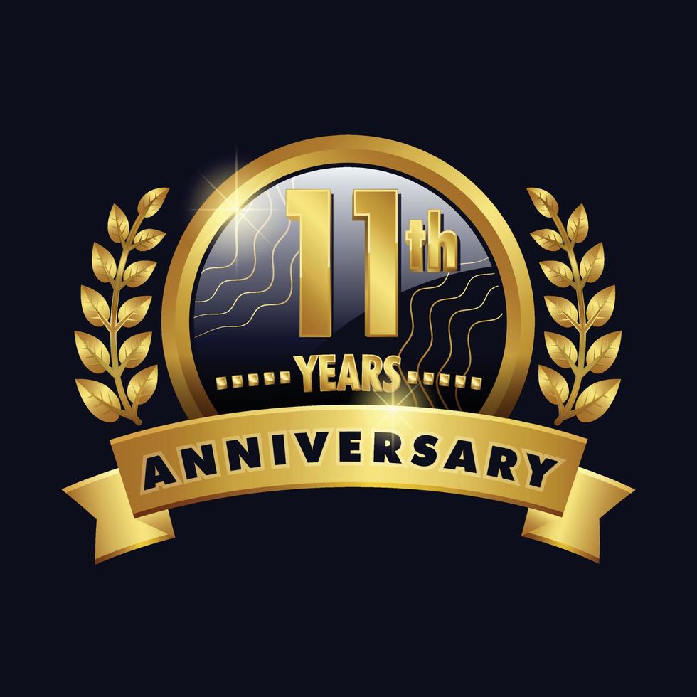11e anniversaire logo doré insigne de onzième année avec ruban numéro onze, conception de vecteur de couronne de laurier