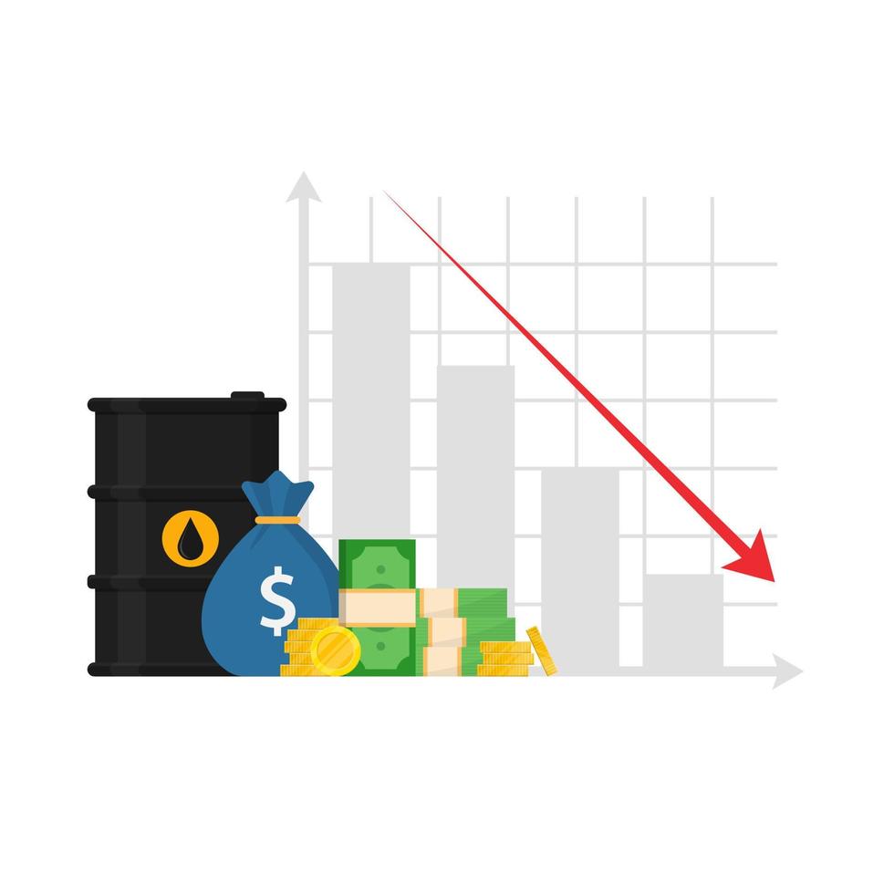baril de pétrole et graphique. chute du marché pétrolier. prix du pétrole. promotion. le baril et l'argent. vecteur