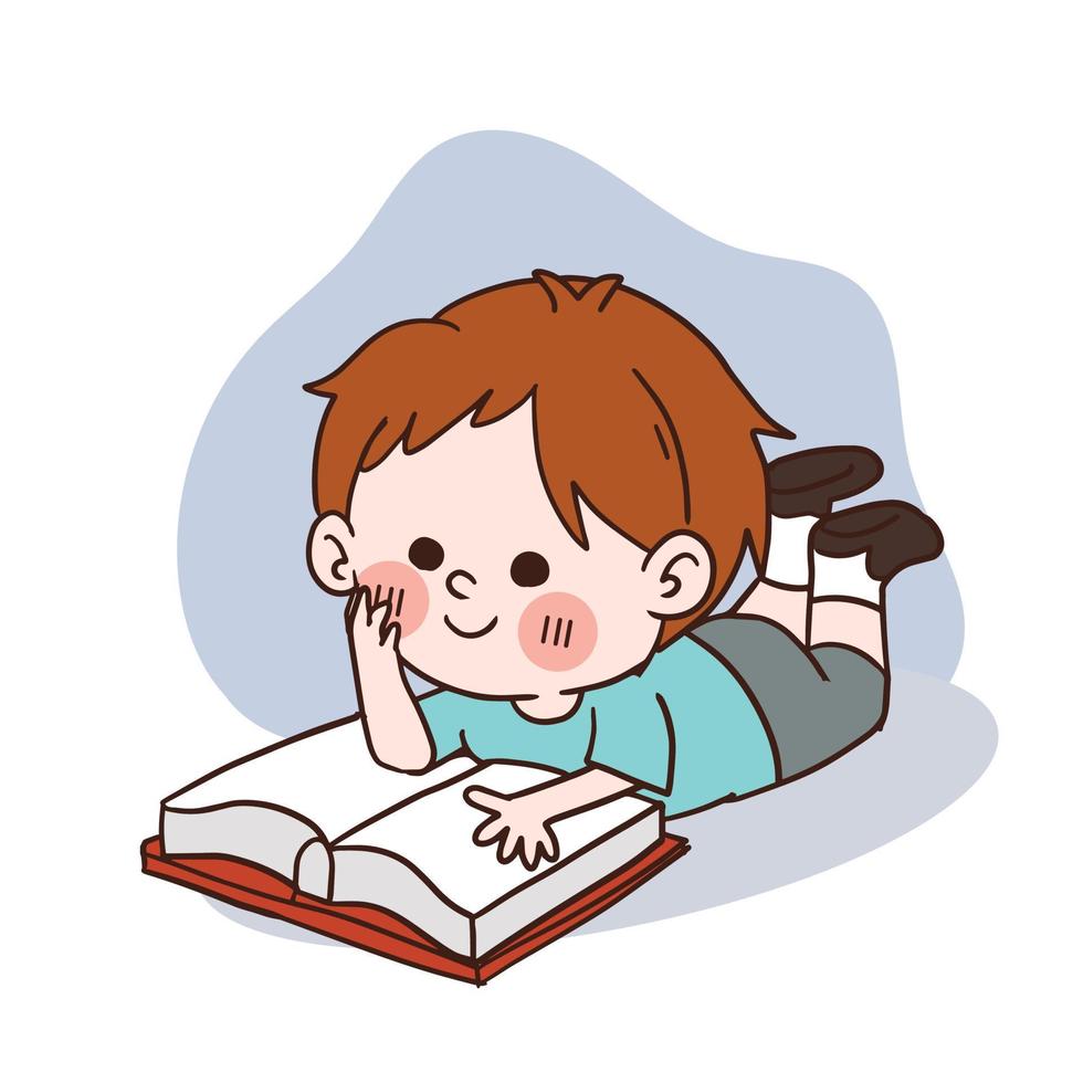 un petit garçon heureux lisant un livre. personnage de dessin animé de vecteur. vecteur